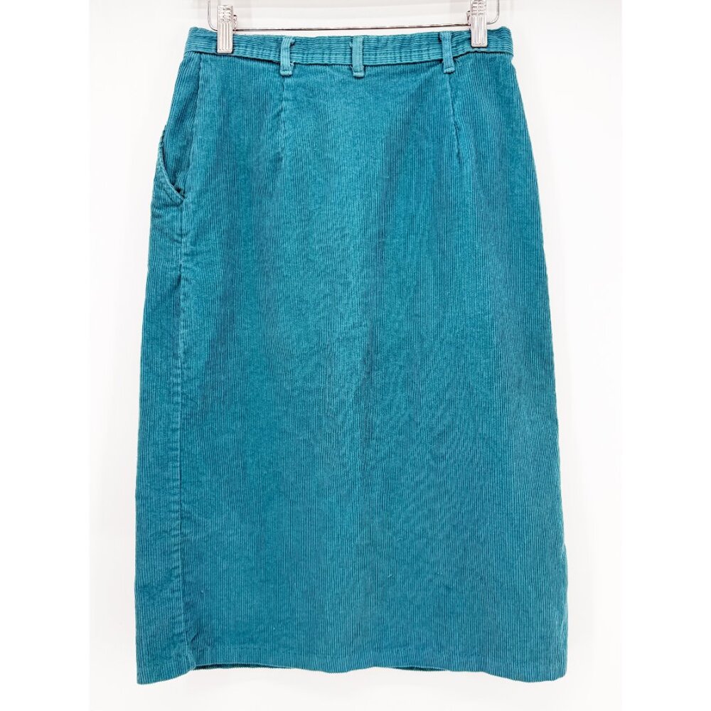 Tomboy LeSport Vtg 80s Retro Midi Corduroy Teal front Slit Pencil Skirt sz 11 - Picture 4 of 10